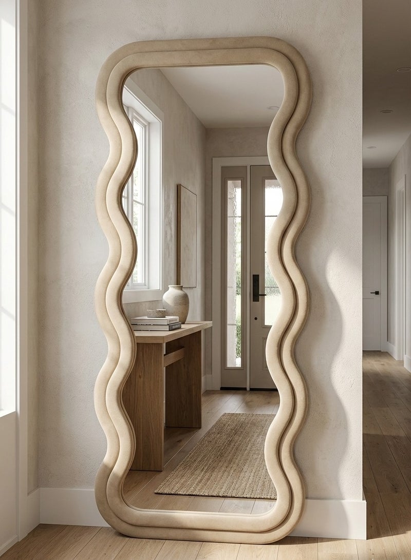 تايمي مرآة كبيرة جدا بتصميم انيق 170x70سم - مرآة كاملة الطول باطار مخملي بيج- تصميمها الرائع يناسب غرفة المعيشة وغرف اللبس وغرف النوم - Image 1