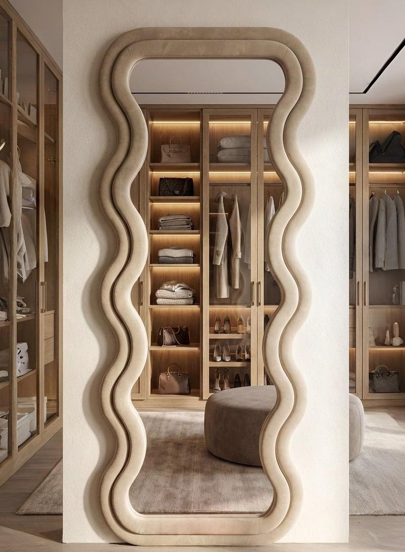 تايمي مرآة كبيرة جدا بتصميم انيق 170x70سم - مرآة كاملة الطول باطار مخملي بيج- تصميمها الرائع يناسب غرفة المعيشة وغرف اللبس وغرف النوم - Image 2