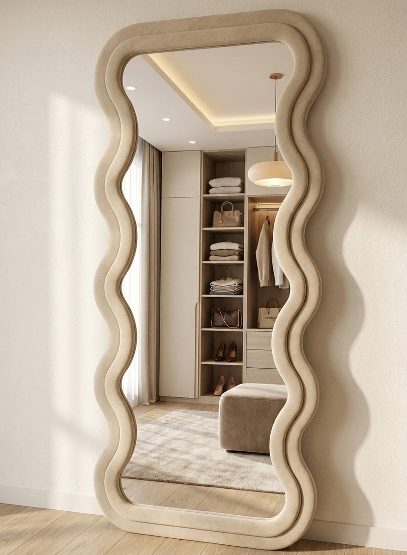 تايمي مرآة كبيرة جدا بتصميم انيق 170x70سم - مرآة كاملة الطول باطار مخملي بيج- تصميمها الرائع يناسب غرفة المعيشة وغرف اللبس وغرف النوم - Image 3