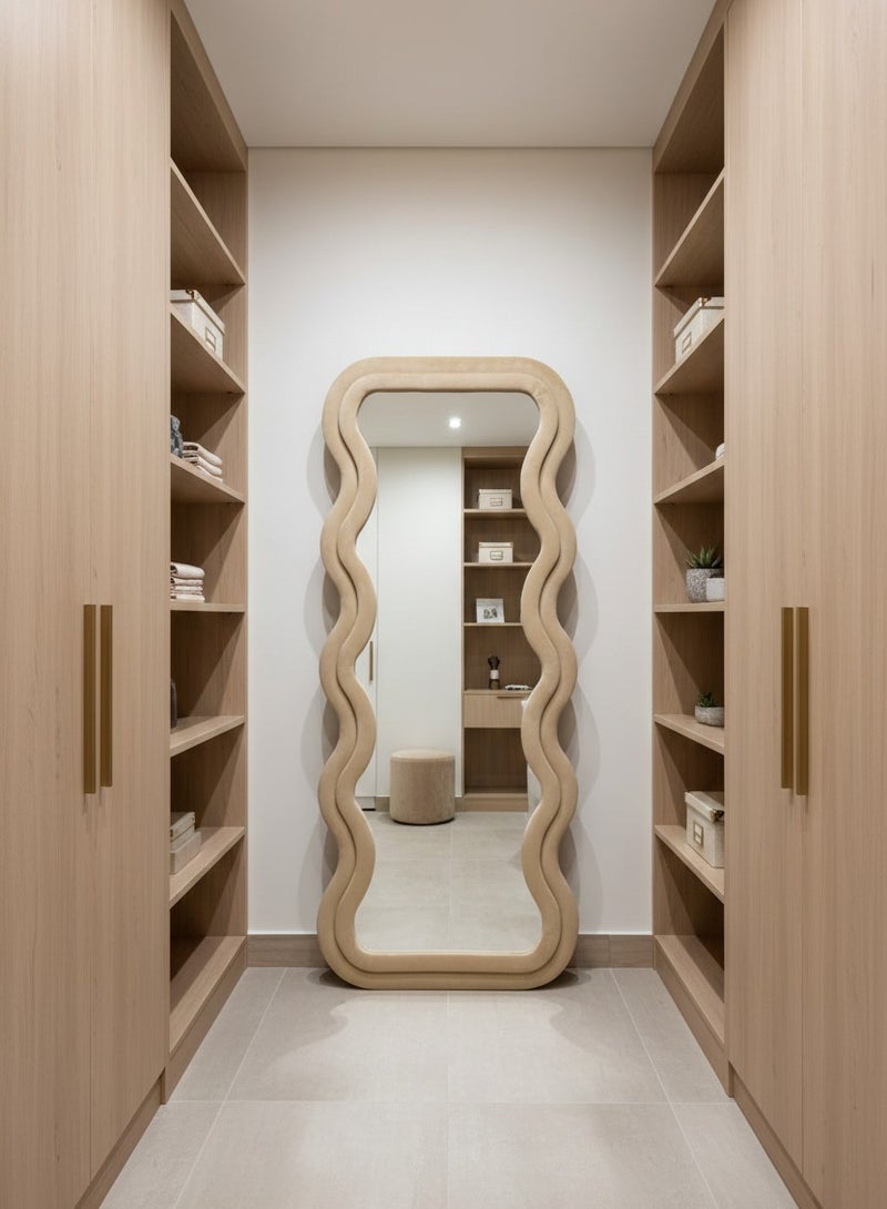 تايمي مرآة كبيرة جدا بتصميم انيق 170x70سم - مرآة كاملة الطول باطار مخملي بيج- تصميمها الرائع يناسب غرفة المعيشة وغرف اللبس وغرف النوم - Image 4