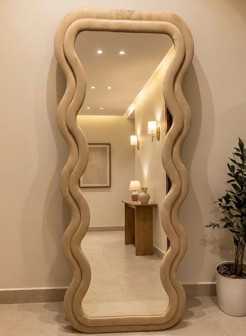 تايمي مرآة كبيرة جدا بتصميم انيق 170x70سم - مرآة كاملة الطول باطار مخملي بيج- تصميمها الرائع يناسب غرفة المعيشة وغرف اللبس وغرف النوم - Image 5