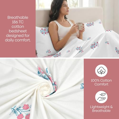 haus & kinder Elastic Fitted Double Bed Bedsheet | 100% Combed Cotton 186 TC Bedsheets for Queen Size Bed | 60 X 78 X 10 Inches Elastic Bed Sheet with 2 Pillow Covers - Festive Harmony - Image 3