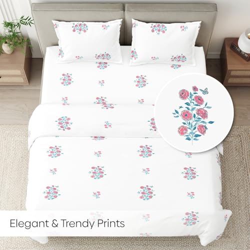 haus & kinder Elastic Fitted Double Bed Bedsheet | 100% Combed Cotton 186 TC Bedsheets for Queen Size Bed | 60 X 78 X 10 Inches Elastic Bed Sheet with 2 Pillow Covers - Festive Harmony - Image 2