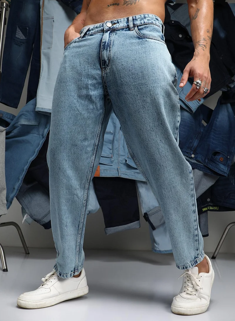 Men's Indigo Blue Acid-Wash Straight-Fit Denim Jeans