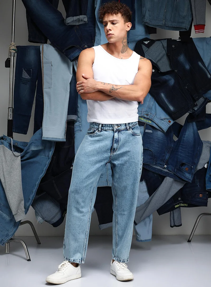 Campus Sutra  Men's Indigo Blue Acid-Wash Straight-Fit Denim Jeans for Men | Best Price UAE