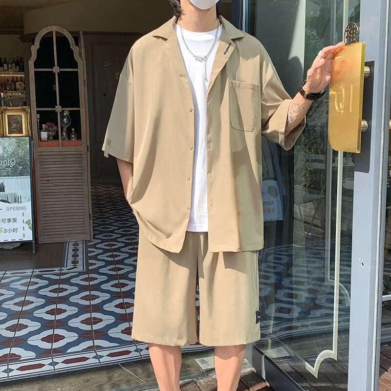 Fashion suit Mens Short-sleeved Suit Shirt Shorts Fashion Brand Set with Summer Thin Mens Casual Two-piece Set Black - Image 2