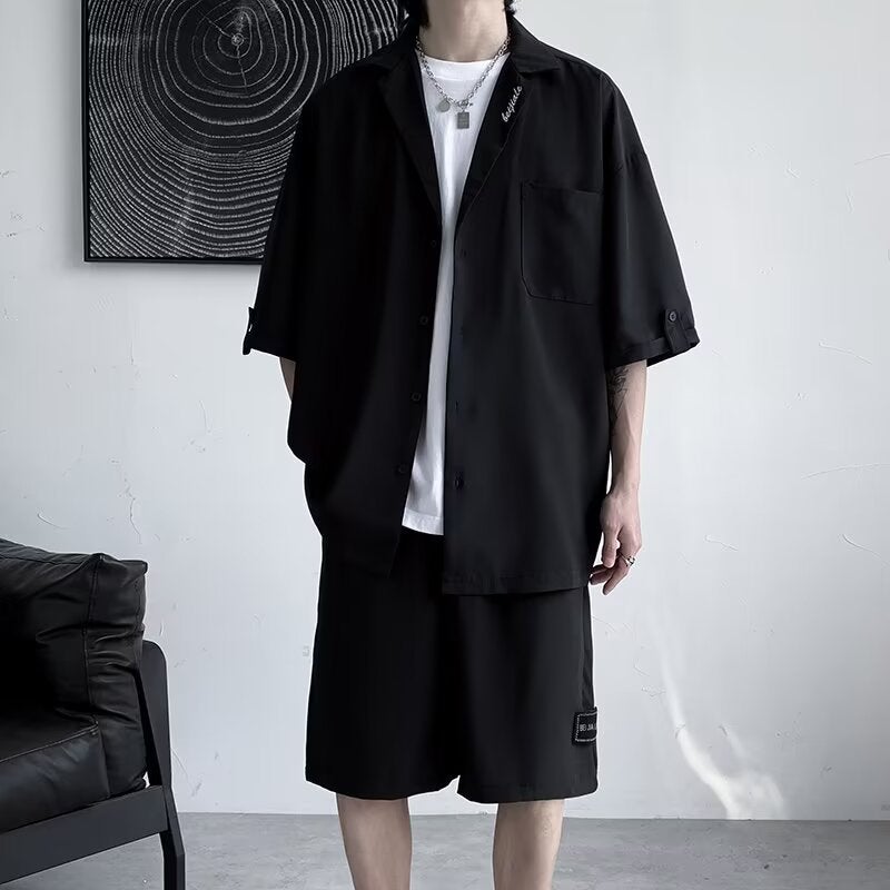Fashion suit Mens Short-sleeved Suit Shirt Shorts Fashion Brand Set with Summer Thin Mens Casual Two-piece Set Black - Image 1