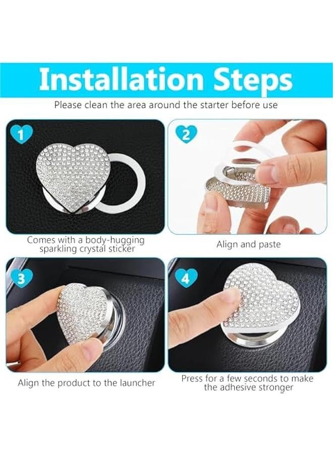 Car Push Start on Cover, Bling Heart Shape Diamond Car Engine Start on Sticker Rhinestone Ignition on Decal White Bling Car Decoration Interior for Women Girl Car Accessories - Image 5