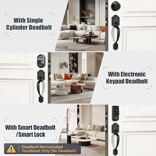 Gaurqiah Black Front Door Handle Set with Passage Lever Deadbolt Not Included Exterior Door Handleset for Single Cylinder or Smart Deadbolts Matte Black - Image 3