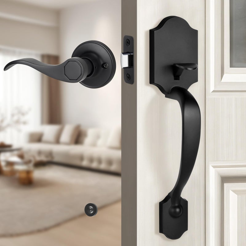 Gaurqiah Black Front Door Handle Set with Passage Lever Deadbolt Not Included Exterior Door Handleset for Single Cylinder or Smart Deadbolts Matte Black - Image 2