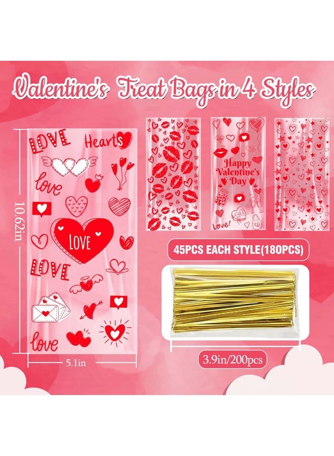 ONFAON Valentines Bags - Valentines Goodie Bags, 180pcs Valentines Candy Bags with 200pcs Twists for Snacks Cookies Candy Packing, Valentines Cellophane Treat Bags for Classroom Parties, Coworkers, Kids - Image 3