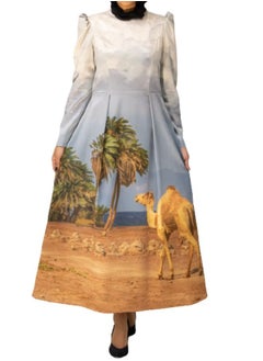 UniqueGraphy Camel High waist Puff Shoulders Printed Dress from UniqueGraphy  - Image 2