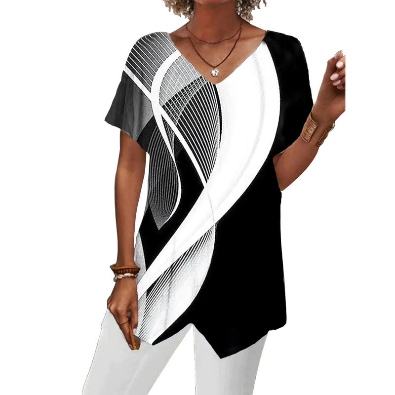 2023 Summer New European and American Cross-border Women's Wear TEMU Independent Station Geometric Printed Loose Irregular Short-sleeved T-shirt - Image 1