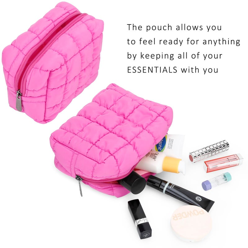 E-Tree Cute Makeup Bag,Quilted Cosmetic Bag,Make up Pouch for Purse,Toiletry Zipper Pouch,Checkered Bag,Travel Case,Storage Pouches for Organization (Hot Pink) - Image 4