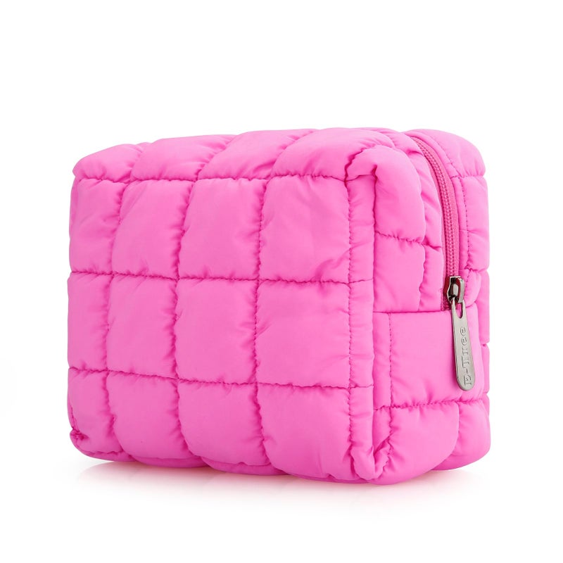 E-Tree Cute Makeup Bag,Quilted Cosmetic Bag,Make up Pouch for Purse,Toiletry Zipper Pouch,Checkered Bag,Travel Case,Storage Pouches for Organization (Hot Pink) - Image 1