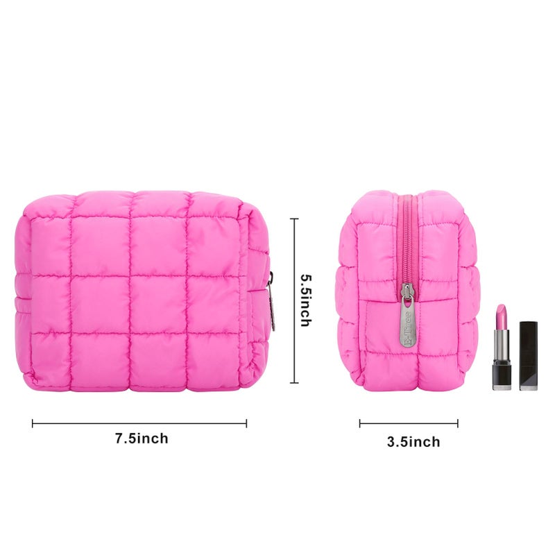 E-Tree Cute Makeup Bag,Quilted Cosmetic Bag,Make up Pouch for Purse,Toiletry Zipper Pouch,Checkered Bag,Travel Case,Storage Pouches for Organization (Hot Pink) - Image 2