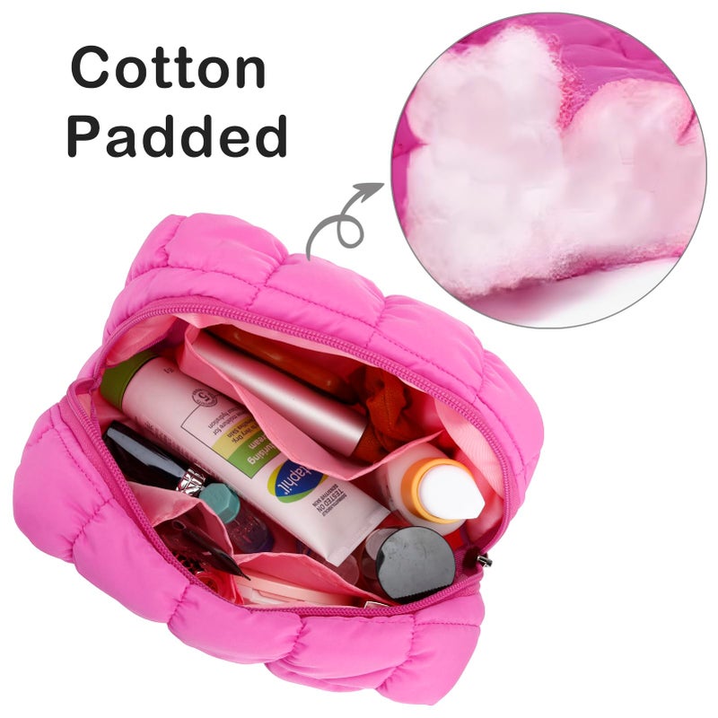 E-Tree Cute Makeup Bag,Quilted Cosmetic Bag,Make up Pouch for Purse,Toiletry Zipper Pouch,Checkered Bag,Travel Case,Storage Pouches for Organization (Hot Pink) - Image 3