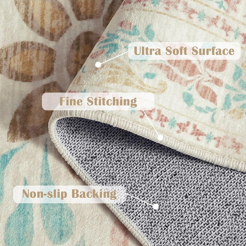 jinchan Spring Floral 2x3 Rugs for Entryway - Vintage Washable Area Rug Ultra-Thin Low Pile Soft Small Non Slip Distressed Indoor Doormat Accent for Entrance Kitchen Bedroom (2x3ft,Apricot Multi) - Image 4