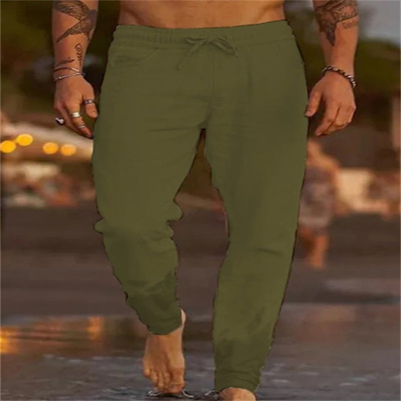 European and American Cross-border 2025 Summer New Mens Solid Color Casual Pants Loose Niche Drawstring Beach Straight Pants Green 