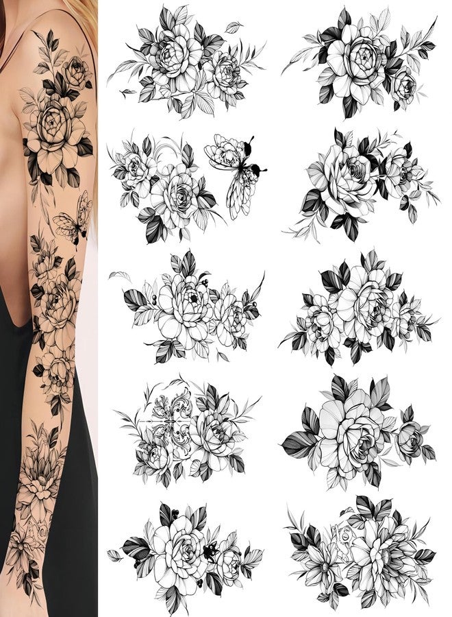 Roarhowl Temporary Tattoos for Women, Large, Flower & Butterfly Sleeve - Image 1