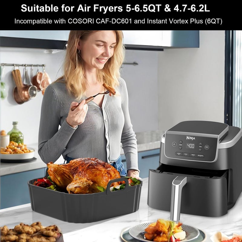 PINTAUR Square Silicone Air Fryer Liners 2 Pack, Compatible with Ninja AF141 181, 8.5 Inch Air Fryer Liners for COSORI 5-6.5 QT, Reusable Silicone Basket, Air Fryer Accessories - Image 3