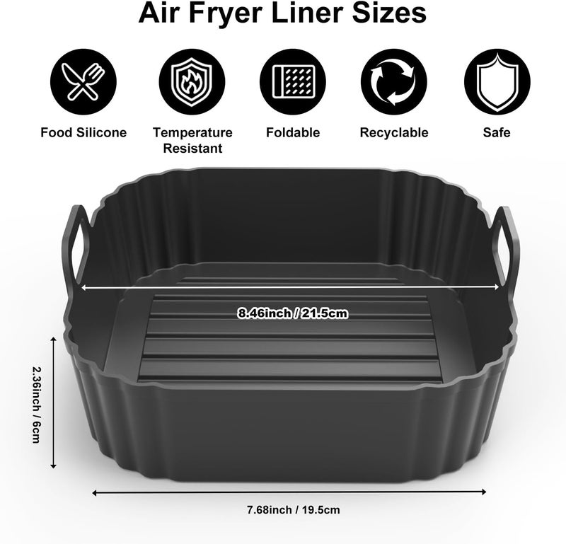 PINTAUR Square Silicone Air Fryer Liners 2 Pack, Compatible with Ninja AF141 181, 8.5 Inch Air Fryer Liners for COSORI 5-6.5 QT, Reusable Silicone Basket, Air Fryer Accessories - Image 2
