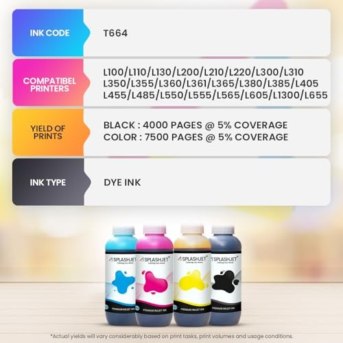 Splashjet T664 Compatible Refill Black Ink for Epson L100, L110, L130, L200, L210, L220, L300, L310, L350, L355, L360, L361, L365, L380, L385, L405, L565, L605, L1300-1Kg (Black) - 505266 - Image 2