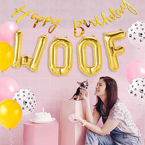 Propsicle Dog Happy Birthday Golden Cursive Banner and Woof Foil Letter Balloon Puppy Birthday Theme Balloon Decoration Party Banner - Pack of 5 - Image 4