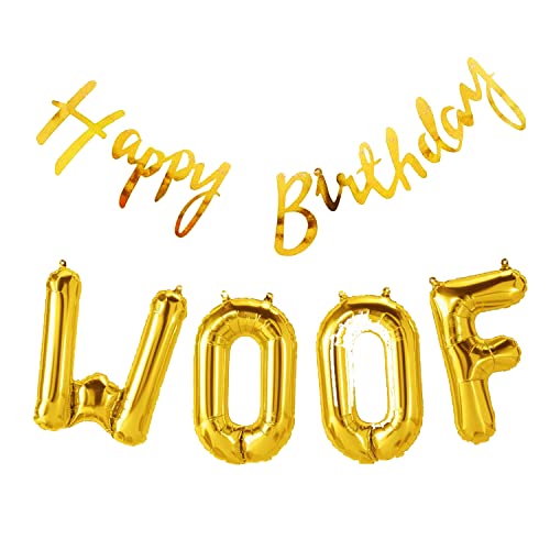 Propsicle Dog Happy Birthday Golden Cursive Banner and Woof Foil Letter Balloon Puppy Birthday Theme Balloon Decoration Party Banner - Pack of 5 - Image 1