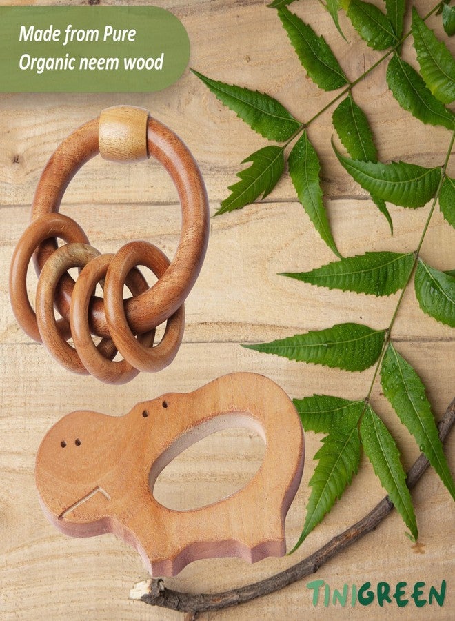 TINIGREEN Neem Wooden Baby Teether Natural Neem Wood Teething Toy for Infants 3–12 Months Chemical-Free, Handcrafted Baby Teether (Pack of 2) (Hippo-Rattle) - Image 3