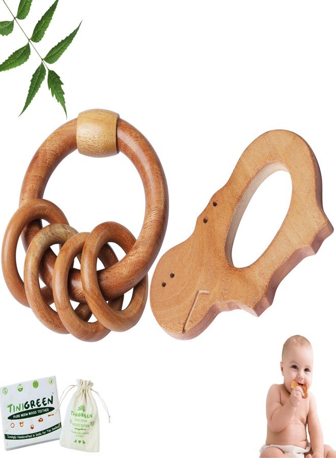 TINIGREEN Neem Wooden Baby Teether Natural Neem Wood Teething Toy for Infants 3–12 Months Chemical-Free, Handcrafted Baby Teether (Pack of 2) (Hippo-Rattle) - Image 1