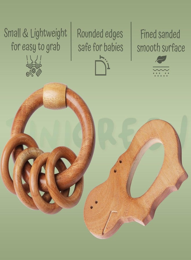 TINIGREEN Neem Wooden Baby Teether Natural Neem Wood Teething Toy for Infants 3–12 Months Chemical-Free, Handcrafted Baby Teether (Pack of 2) (Hippo-Rattle) - Image 2