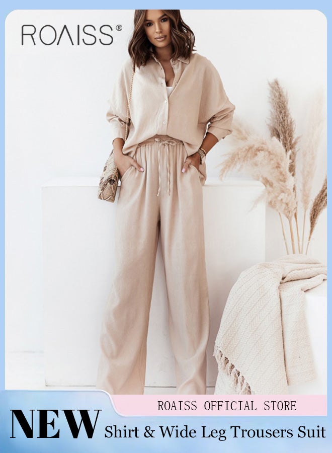 roaiss Ladies Comfortable Cotton Linen 2 Piece Suit for Daily Commute - Shirt and Wide Leg Pants Set with Simple Loose Fit Design for Leisure - Image 1