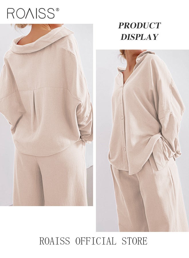 roaiss Ladies Comfortable Cotton Linen 2 Piece Suit for Daily Commute - Shirt and Wide Leg Pants Set with Simple Loose Fit Design for Leisure - Image 4