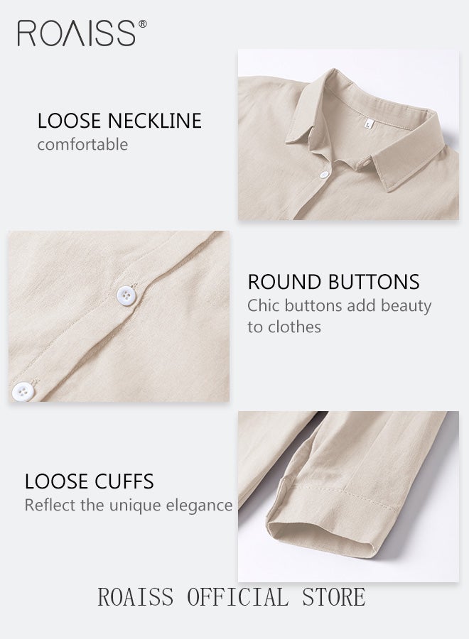 roaiss Ladies Comfortable Cotton Linen 2 Piece Suit for Daily Commute - Shirt and Wide Leg Pants Set with Simple Loose Fit Design for Leisure - Image 5