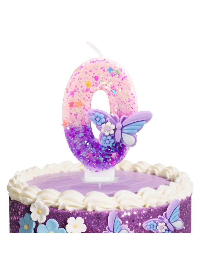 Birthday Candles Butterfly Birthday Candles for Cake Glitter Number 0 Candle Cake Topper with Sequins  - Image 1