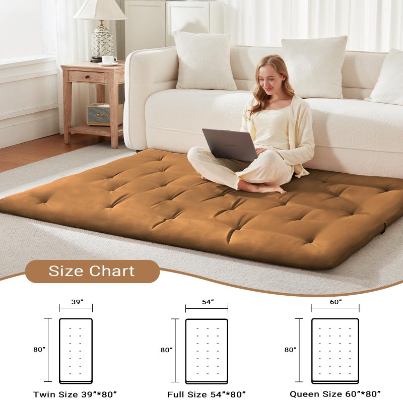 Mollydot Japanese Floor Futon Mattress Queen Size 60"x 80", Foldable Bed Mattress, Portable Tatami Mat Sleeping Pad, Folding Futon Cushion, Roll Up Floor Lounger for Guest Room Dormitory (Brown) - Image 5