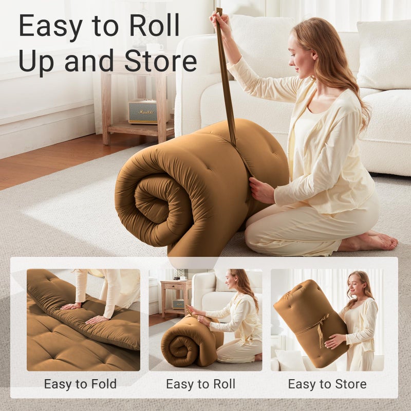 Mollydot Japanese Floor Futon Mattress Queen Size 60"x 80", Foldable Bed Mattress, Portable Tatami Mat Sleeping Pad, Folding Futon Cushion, Roll Up Floor Lounger for Guest Room Dormitory (Brown) - Image 4
