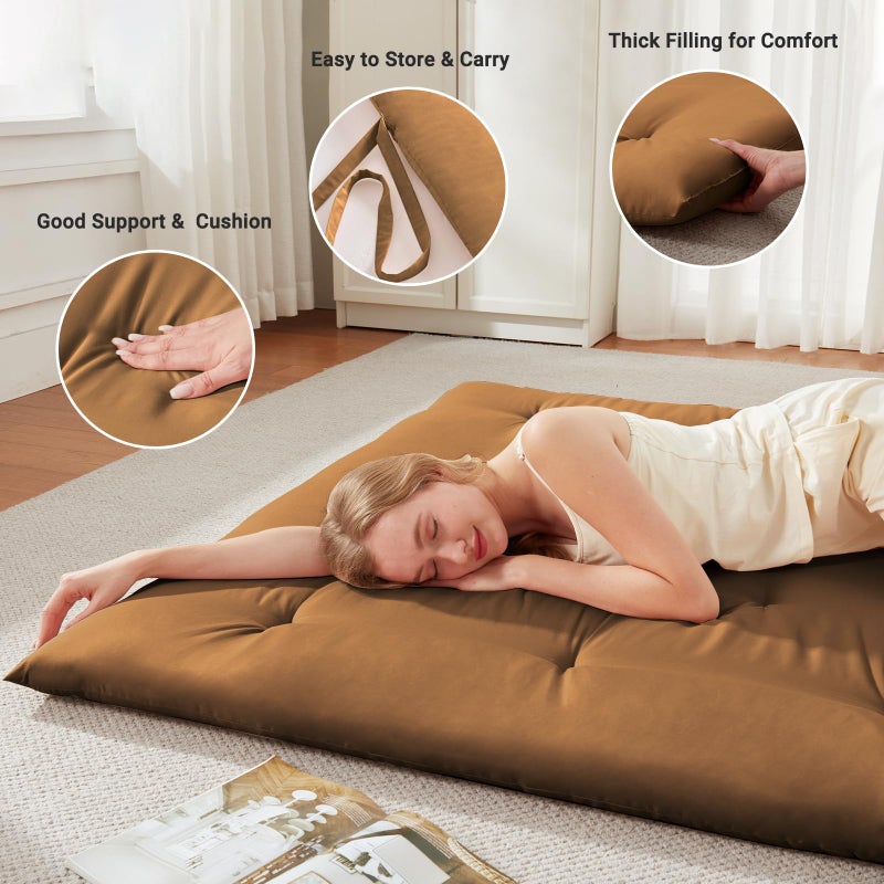 Mollydot Japanese Floor Futon Mattress Queen Size 60"x 80", Foldable Bed Mattress, Portable Tatami Mat Sleeping Pad, Folding Futon Cushion, Roll Up Floor Lounger for Guest Room Dormitory (Brown) - Image 2