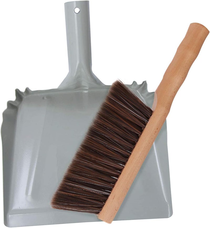 OAKART Metal Dust Pan and Brush Set Soft Bristle Wooden Broom Heavy Duty Pan Portable Size - Image 1