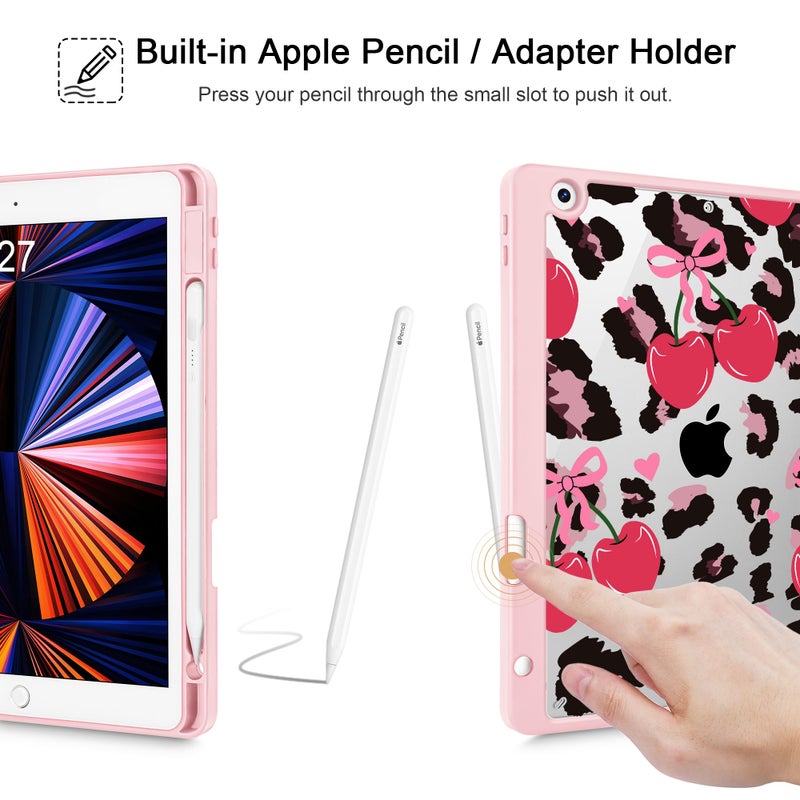 Mektron Printed Case for iPad 10.2 Inch 2021/2020/2019, for iPad 9th/8th/10th Generation Case, Buit in Pencil Holder with Shockproof Cover Clear Shell + Trifold Stand, Cherry & Cheetah - Image 4