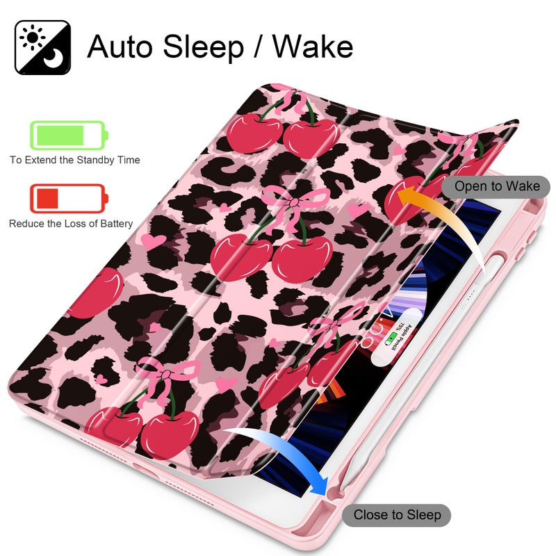 Mektron Printed Case for iPad 10.2 Inch 2021/2020/2019, for iPad 9th/8th/10th Generation Case, Buit in Pencil Holder with Shockproof Cover Clear Shell + Trifold Stand, Cherry & Cheetah - Image 5