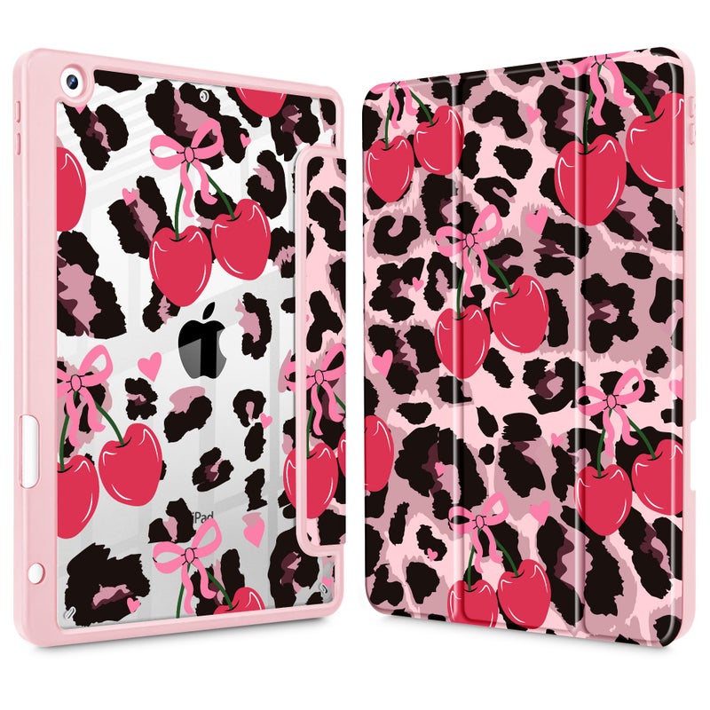 Mektron Printed Case for iPad 10.2 Inch 2021/2020/2019, for iPad 9th/8th/10th Generation Case, Buit in Pencil Holder with Shockproof Cover Clear Shell + Trifold Stand, Cherry & Cheetah - Image 1