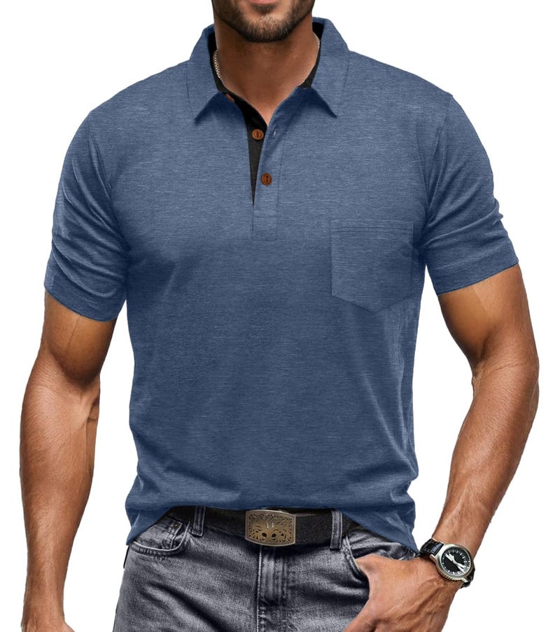 Sailwind Men's Cotton Polo Shirts Short Sleeve Casual Summer Shirts Classic Collared Golf Shirt with Pocket Blue - Image 2