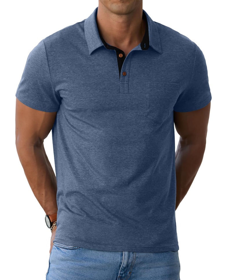 Sailwind Men's Cotton Polo Shirts Short Sleeve Casual Summer Shirts Classic Collared Golf Shirt with Pocket Blue - Image 1