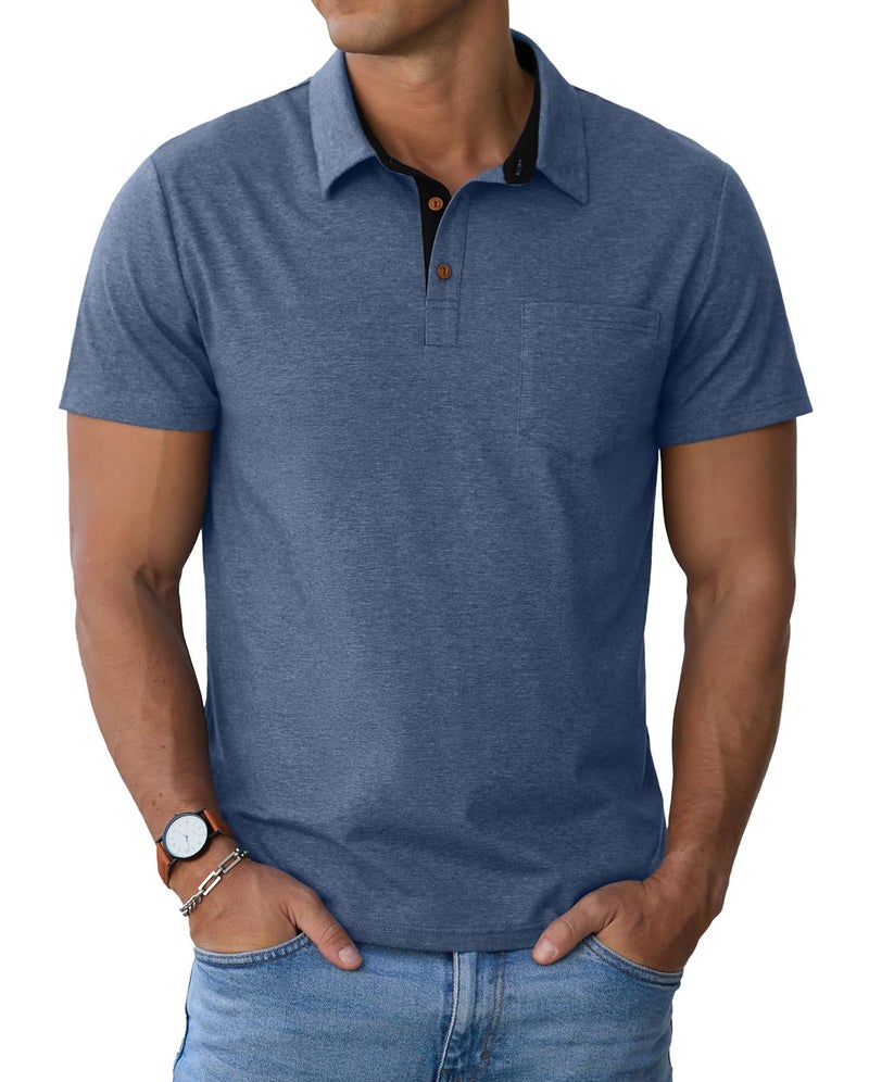 Sailwind Men's Cotton Polo Shirts Short Sleeve Casual Summer Shirts Classic Collared Golf Shirt with Pocket Blue - Image 4