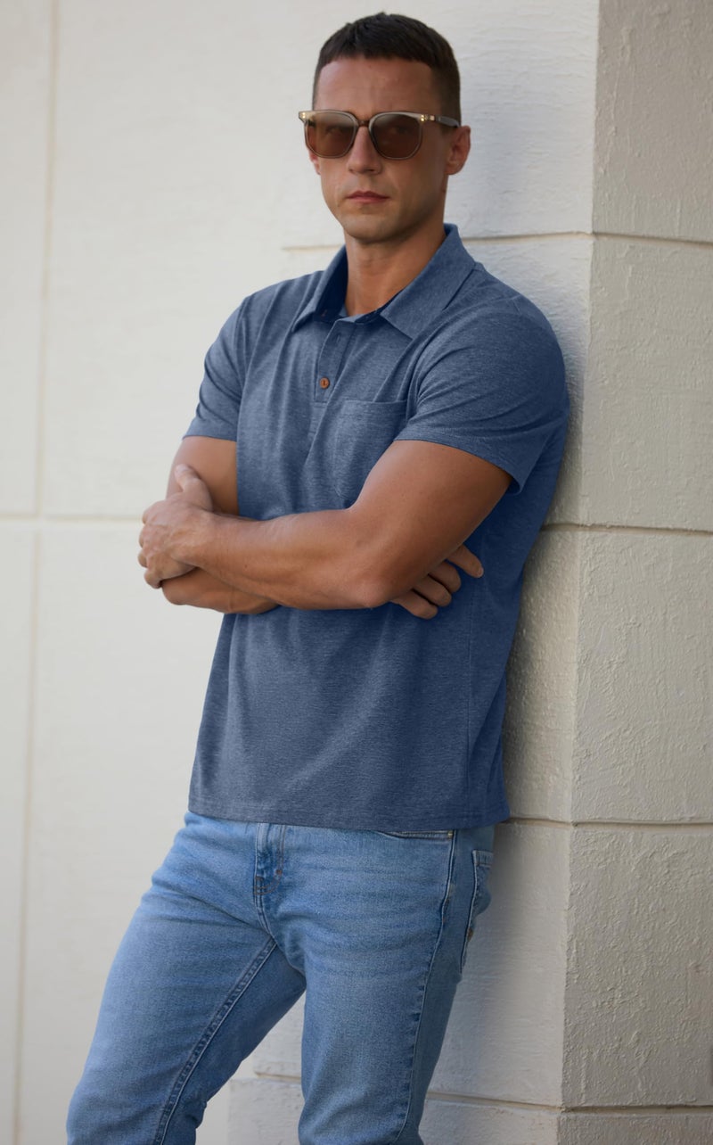 Sailwind Men's Cotton Polo Shirts Short Sleeve Casual Summer Shirts Classic Collared Golf Shirt with Pocket Blue - Image 3