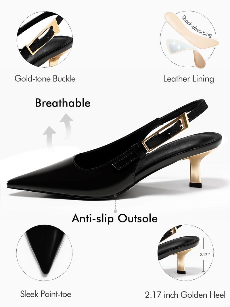 Coutgo Womens Slingback Kitten Heels Closed Pointed Toe Pumps Buckle Strap Wedding Party Dress Shoes, Black, Size 9.5 - Image 4