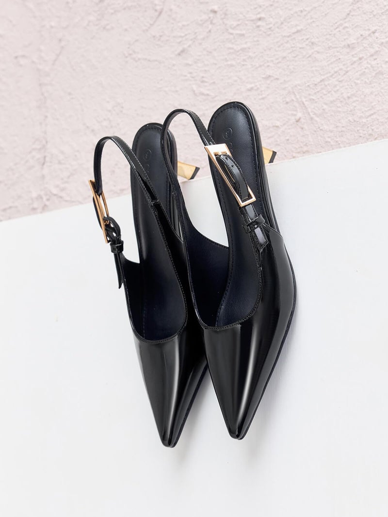 Coutgo Womens Slingback Kitten Heels Closed Pointed Toe Pumps Buckle Strap Wedding Party Dress Shoes, Black, Size 9.5 - Image 3