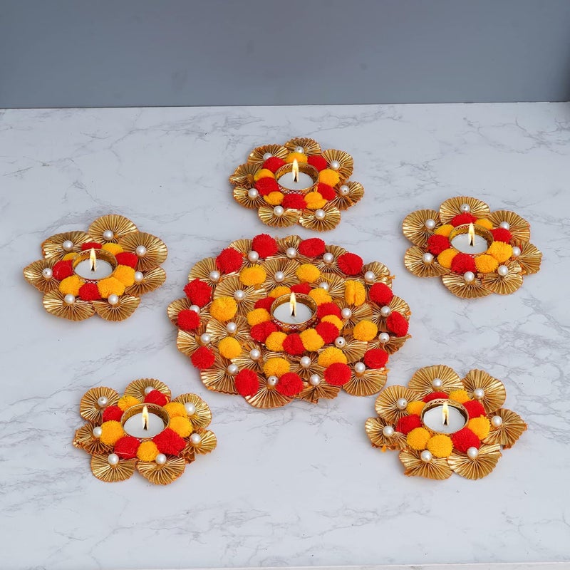 Sanvatsar Home Decorative Rangoli Diya Set Corporate Gift Diwali Gift Diya for puja Home Decoration Light Diya Christmas Candle Lighting New Year Candle Set of 6 Yellow Red - Image 2